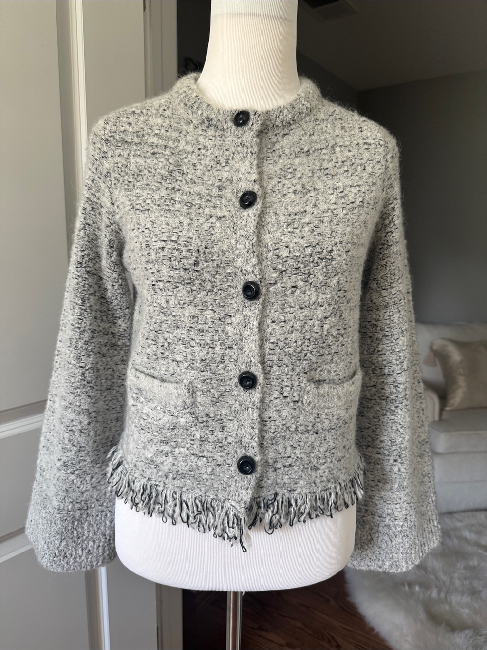NWT Rebecca Taylor Heather Gray Bouclé Fringe-Trim Button Cardigan XS